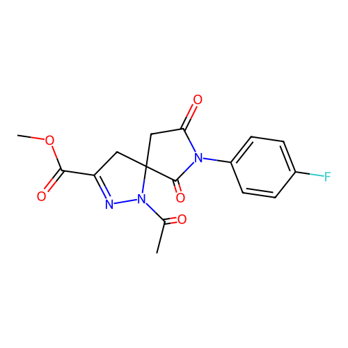 methyl 1-acetyl-7-(4-fluorophenyl)-6,8-dioxo-1,2,7-triazaspiro[4.4]non-2-ene-3-carboxylate structure