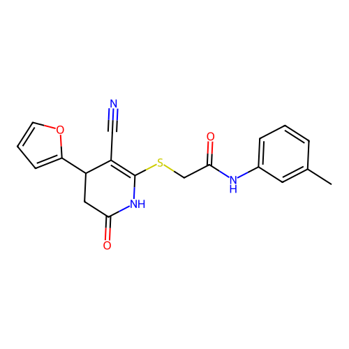 2-((3-cyano-4-(furan-2-yl)-6-oxo-1,4,5,6-tetrahydropyridin-2-yl)thio)-N-(m-tolyl)acetamide structure