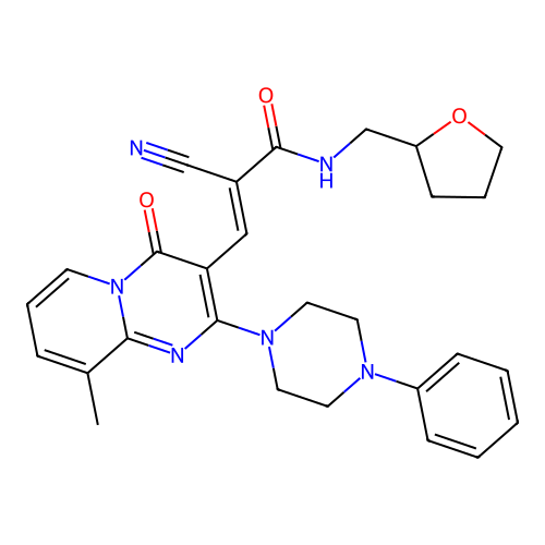 (2E)-2-cyano-3-[9-methyl-4-oxo-2-(4-phenylpiperazin-1-yl)-4H-pyrido[1,2-a]pyrimidin-3-yl]-N-(tetrahydrofuran-2-ylmethyl)prop-2-enamide structure