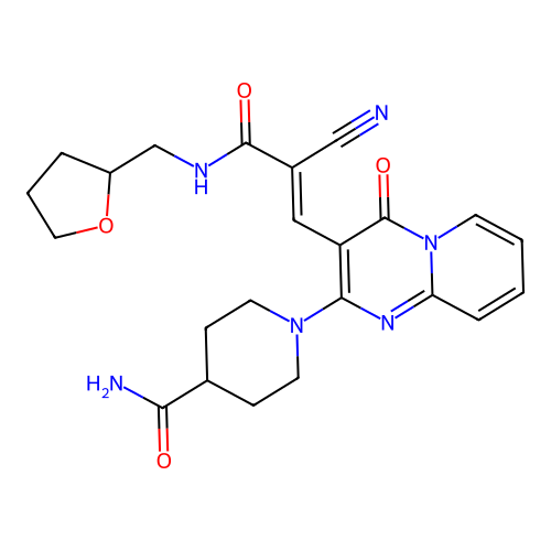 (E)-1-(3-(2-cyano-3-oxo-3-(((tetrahydrofuran-2-yl)methyl)amino)prop-1-en-1-yl)-4-oxo-4H-pyrido[1,2-a]pyrimidin-2-yl)piperidine-4-carboxamide structure