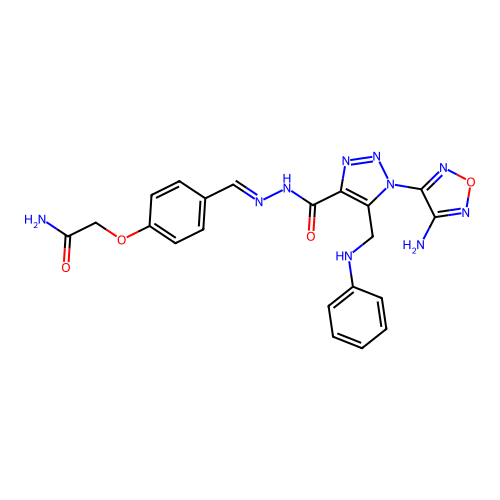 (E)-2-(4-((2-(1-(4-amino-1,2,5-oxadiazol-3-yl)-5-((phenylamino)methyl)-1H-1,2,3-triazole-4-carbonyl)hydrazono)methyl)phenoxy)acetamide structure