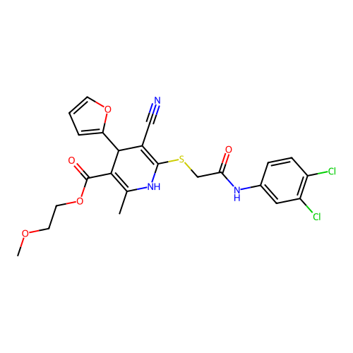 2-methoxyethyl 5-cyano-6-((2-((3,4-dichlorophenyl)amino)-2-oxoethyl)thio)-4-(furan-2-yl)-2-methyl-1,4-dihydropyridine-3-carboxylate structure