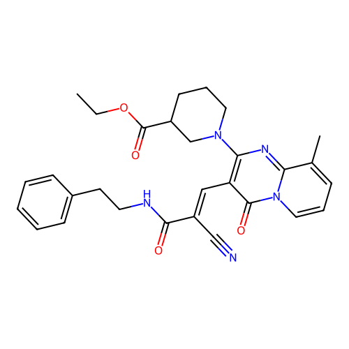 (E)-ethyl 1-(3-(2-cyano-3-oxo-3-(phenethylamino)prop-1-en-1-yl)-9-methyl-4-oxo-4H-pyrido[1,2-a]pyrimidin-2-yl)piperidine-3-carboxylate structure