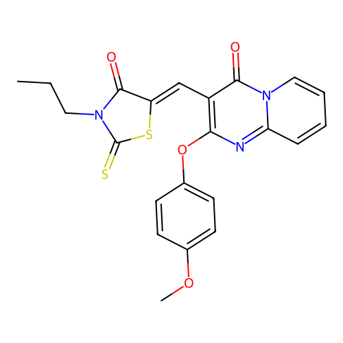 2-(4-methoxyphenoxy)-3-[(Z)-(4-oxo-3-propyl-2-thioxo-1,3-thiazolidin-5-ylidene)methyl]-4H-pyrido[1,2-a]pyrimidin-4-one structure