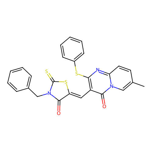 3-[(Z)-(3-benzyl-4-oxo-2-thioxo-1,3-thiazolidin-5-ylidene)methyl]-7-methyl-2-(phenylsulfanyl)-4H-pyrido[1,2-a]pyrimidin-4-one structure