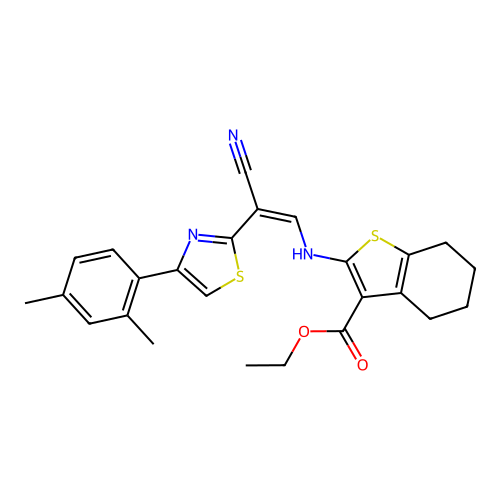 (Z)-ethyl 2-((2-cyano-2-(4-(2,4-dimethylphenyl)thiazol-2-yl)vinyl)amino)-4,5,6,7-tetrahydrobenzo[b]thiophene-3-carboxylate structure