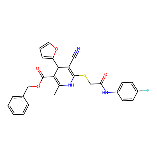 benzyl 5-cyano-6-((2-((4-fluorophenyl)amino)-2-oxoethyl)thio)-4-(furan-2-yl)-2-methyl-1,4-dihydropyridine-3-carboxylate structure