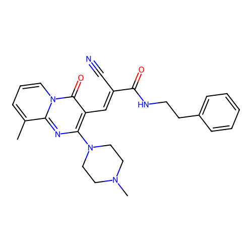(2E)-2-cyano-3-[9-methyl-2-(4-methylpiperazin-1-yl)-4-oxo-4H-pyrido[1,2-a]pyrimidin-3-yl]-N-(2-phenylethyl)prop-2-enamide structure