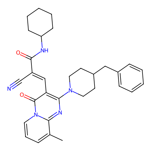 (2E)-3-[2-(4-benzylpiperidin-1-yl)-9-methyl-4-oxo-4H-pyrido[1,2-a]pyrimidin-3-yl]-2-cyano-N-cyclohexylprop-2-enamide structure