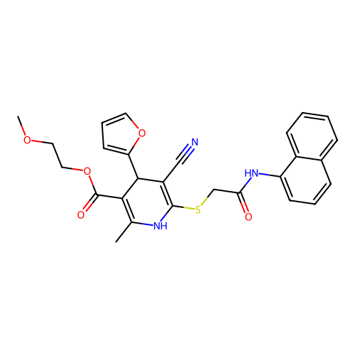 2-methoxyethyl 5-cyano-4-(furan-2-yl)-2-methyl-6-((2-(naphthalen-1-ylamino)-2-oxoethyl)thio)-1,4-dihydropyridine-3-carboxylate structure