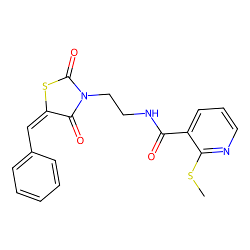 N-[2-[(5E)-5-Benzylidene-2,4-dioxo-1,3-thiazolidin-3-yl]ethyl]-2-methylsulfanylpyridine-3-carboxamide structure