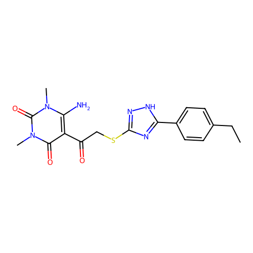 6-amino-5-[2-[[5-(4-ethylphenyl)-1H-1,2,4-triazol-3-yl]sulfanyl]acetyl]-1,3-dimethylpyrimidine-2,4-dione structure