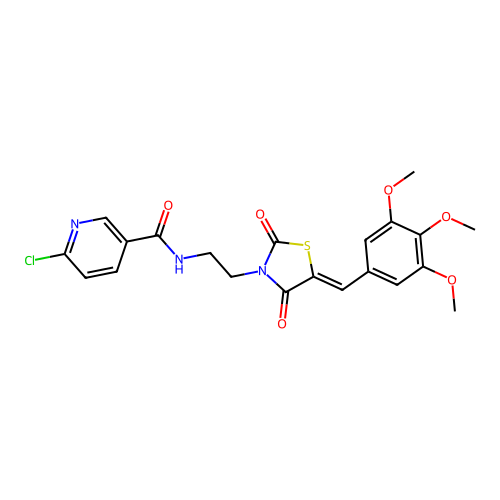 6-chloro-N-[2-[(5Z)-2,4-dioxo-5-[(3,4,5-trimethoxyphenyl)methylidene]-1,3-thiazolidin-3-yl]ethyl]pyridine-3-carboxamide structure