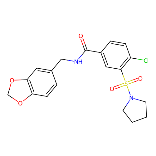 N-(1,3-benzodioxol-5-ylmethyl)-4-chloro-3-pyrrolidin-1-ylsulfonylbenzamide structure