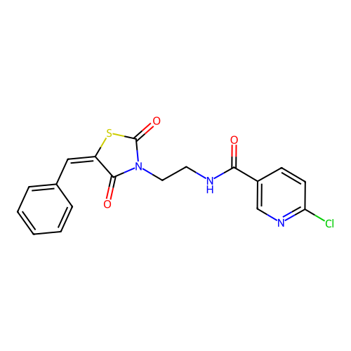 6-chloro-N-{2-[2,4-dioxo-5-(phenylmethylidene)-1,3-thiazolidin-3-yl]ethyl}pyridine-3-carboxamide structure