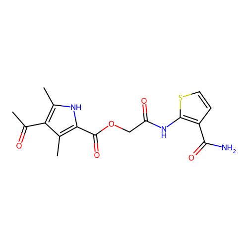 [2-[(3-carbamoylthiophen-2-yl)amino]-2-oxoethyl] 4-acetyl-3,5-dimethyl-1H-pyrrole-2-carboxylate structure