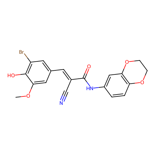 (E)-3-(3-bromo-4-hydroxy-5-methoxyphenyl)-2-cyano-N-(2,3-dihydro-1,4-benzodioxin-6-yl)prop-2-enamide structure