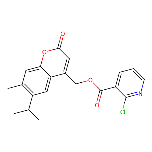 (7-methyl-2-oxo-6-propan-2-ylchromen-4-yl)methyl 2-chloropyridine-3-carboxylate structure