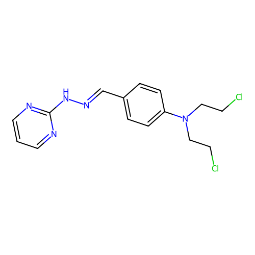 N-[[4-[bis(2-chloroethyl)amino]phenyl]methylideneamino]pyrimidin-2-amine structure