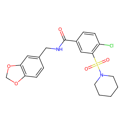 N-(1,3-benzodioxol-5-ylmethyl)-4-chloro-3-piperidin-1-ylsulfonylbenzamide structure