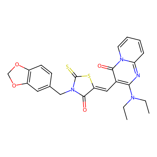 3-{(Z)-[3-(1,3-benzodioxol-5-ylmethyl)-4-oxo-2-thioxo-1,3-thiazolidin-5-ylidene]methyl}-2-(diethylamino)-4H-pyrido[1,2-a]pyrimidin-4-one structure