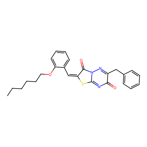 (E)-6-benzyl-2-(2-(hexyloxy)benzylidene)-2H-thiazolo[3,2-b][1,2,4]triazine-3,7-dione structure