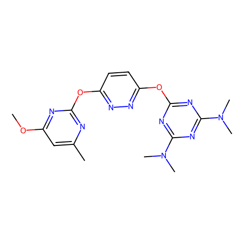 6-((6-((4-methoxy-6-methylpyrimidin-2-yl)oxy)pyridazin-3-yl)oxy)-N2,N2,N4,N4-tetramethyl-1,3,5-triazine-2,4-diamine structure