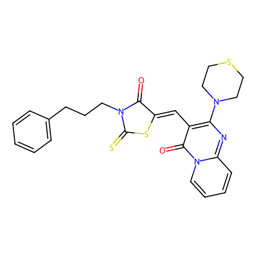 3-{(Z)-[4-oxo-3-(3-phenylpropyl)-2-thioxo-1,3-thiazolidin-5-ylidene]methyl}-2-(thiomorpholin-4-yl)-4H-pyrido[1,2-a]pyrimidin-4-one structure