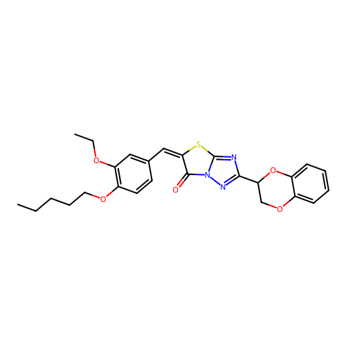 (E)-2-(2,3-dihydrobenzo[b][1,4]dioxin-2-yl)-5-(3-ethoxy-4-(pentyloxy)benzylidene)thiazolo[3,2-b][1,2,4]triazol-6(5H)-one structure