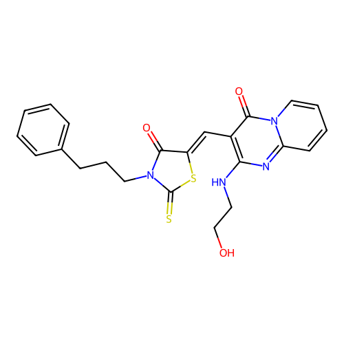 2-[(2-hydroxyethyl)amino]-3-{(Z)-[4-oxo-3-(3-phenylpropyl)-2-thioxo-1,3-thiazolidin-5-ylidene]methyl}-4H-pyrido[1,2-a]pyrimidin-4-one structure