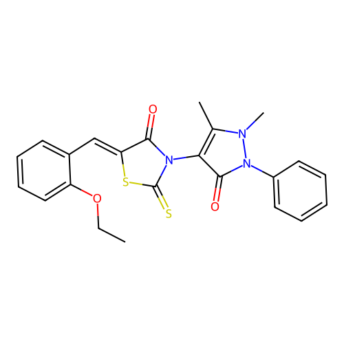 (5Z)-3-(1,5-dimethyl-3-oxo-2-phenylpyrazol-4-yl)-5-[(2-ethoxyphenyl)methylidene]-2-sulfanylidene-1,3-thiazolidin-4-one structure