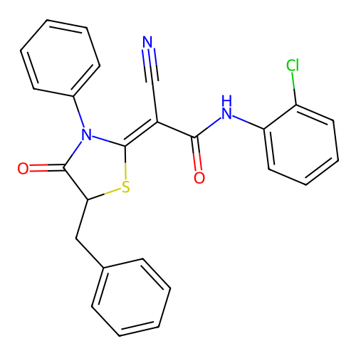 (Z)-2-(5-benzyl-4-oxo-3-phenylthiazolidin-2-ylidene)-N-(2-chlorophenyl)-2-cyanoacetamide structure