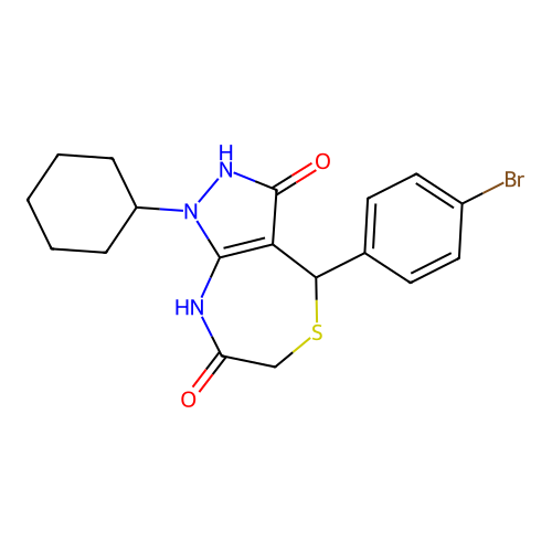 4-(4-bromophenyl)-1-cyclohexyl-4,8-dihydro-2H-pyrazolo[3,4-e][1,4]thiazepine-3,7-dione structure