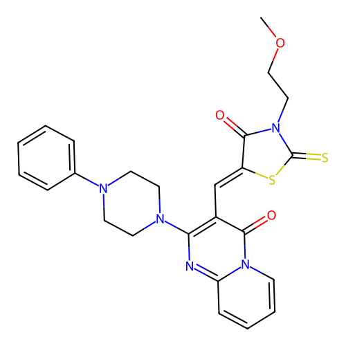 3-{(Z)-[3-(2-methoxyethyl)-4-oxo-2-thioxo-1,3-thiazolidin-5-ylidene]methyl}-2-(4-phenylpiperazin-1-yl)-4H-pyrido[1,2-a]pyrimidin-4-one structure