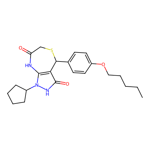 1-cyclopentyl-3-hydroxy-4-(4-(pentyloxy)phenyl)-6,8-dihydro-1H-pyrazolo[3,4-e][1,4]thiazepin-7(4H)-one structure
