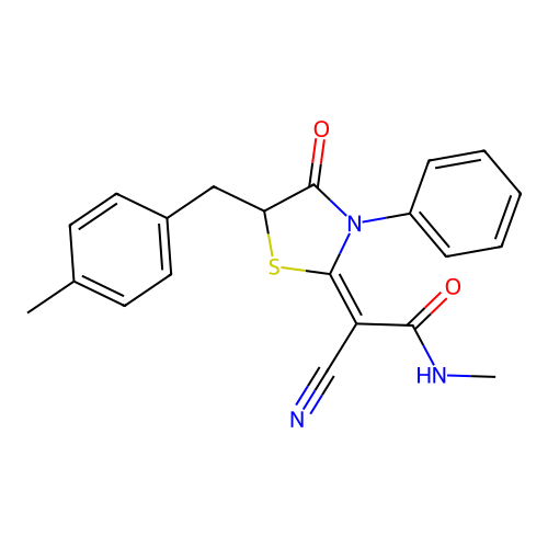 (E)-2-cyano-N-methyl-2-(5-(4-methylbenzyl)-4-oxo-3-phenylthiazolidin-2-ylidene)acetamide structure