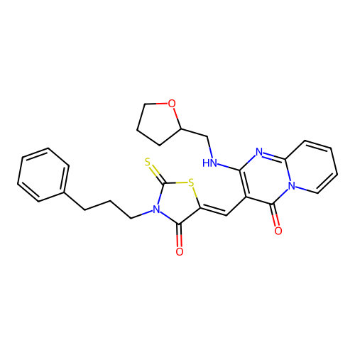 3-{(Z)-[4-oxo-3-(3-phenylpropyl)-2-thioxo-1,3-thiazolidin-5-ylidene]methyl}-2-[(tetrahydrofuran-2-ylmethyl)amino]-4H-pyrido[1,2-a]pyrimidin-4-one structure
