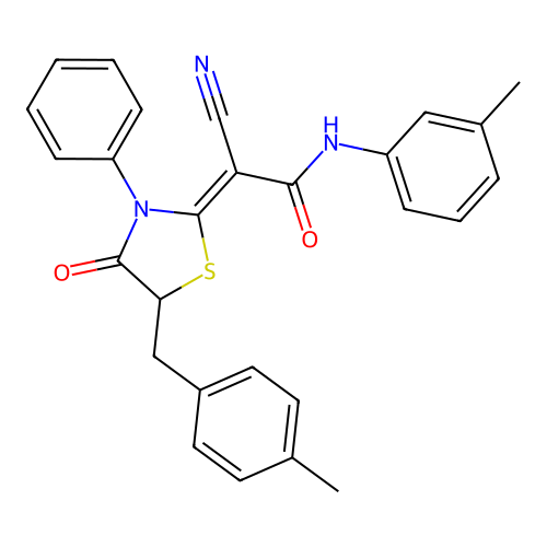 (2Z)-2-cyano-2-[5-(4-methylbenzyl)-4-oxo-3-phenyl-1,3-thiazolidin-2-ylidene]-N-(3-methylphenyl)ethanamide structure
