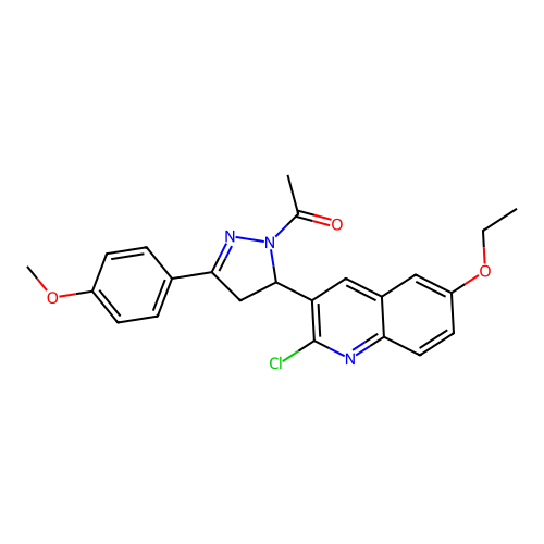 1-(5-(2-chloro-6-ethoxyquinolin-3-yl)-3-(4-methoxyphenyl)-4,5-dihydro-1H-pyrazol-1-yl)ethanone structure