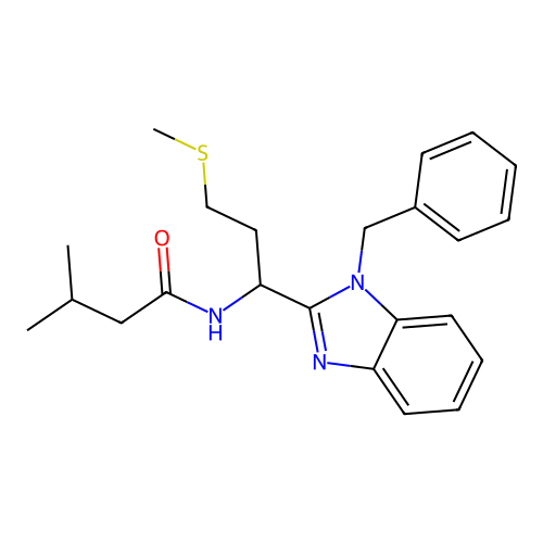 N-(1-(1-benzyl-1H-benzo[d]imidazol-2-yl)-3-(methylthio)propyl)-3-methylbutanamide structure