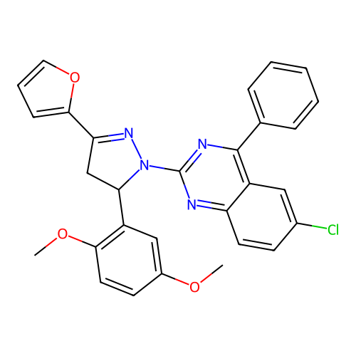 6-chloro-2-(5-(2,5-dimethoxyphenyl)-3-(furan-2-yl)-4,5-dihydro-1H-pyrazol-1-yl)-4-phenylquinazoline structure
