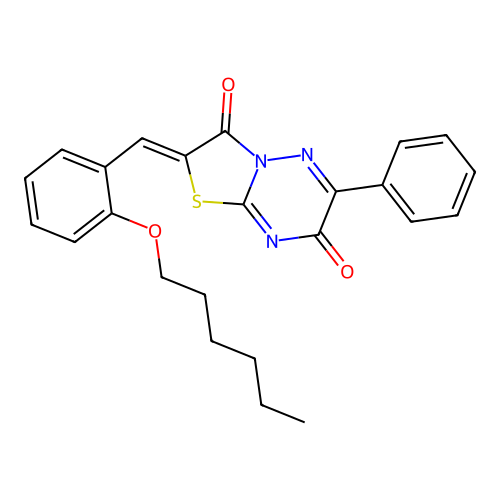 (2Z)-2-[2-(hexyloxy)benzylidene]-6-phenyl-7H-[1,3]thiazolo[3,2-b][1,2,4]triazine-3,7(2H)-dione structure