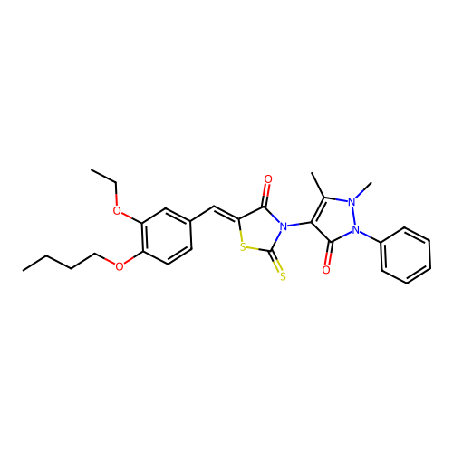 (5Z)-5-(4-butoxy-3-ethoxybenzylidene)-3-(1,5-dimethyl-3-oxo-2-phenyl-2,3-dihydro-1H-pyrazol-4-yl)-2-thioxo-1,3-thiazolidin-4-one structure