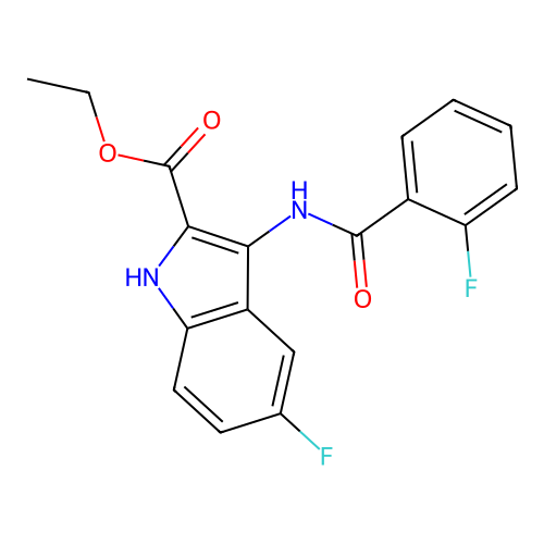 ethyl 5-fluoro-3-{[(2-fluorophenyl)carbonyl]amino}-1H-indole-2-carboxylate structure
