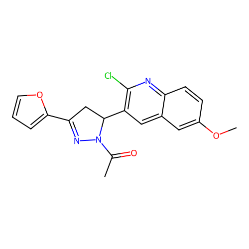 1-[3-(2-chloro-6-methoxyquinolin-3-yl)-5-(furan-2-yl)-3,4-dihydropyrazol-2-yl]ethanone structure