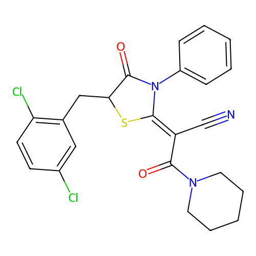 (2Z)-2-[5-(2,5-dichlorobenzyl)-4-oxo-3-phenyl-1,3-thiazolidin-2-ylidene]-3-oxo-3-(piperidin-1-yl)propanenitrile structure