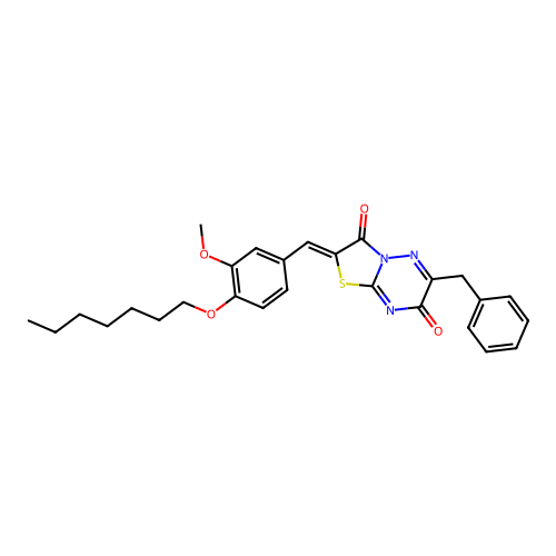 (2Z)-6-benzyl-2-[4-(heptyloxy)-3-methoxybenzylidene]-7H-[1,3]thiazolo[3,2-b][1,2,4]triazine-3,7(2H)-dione structure