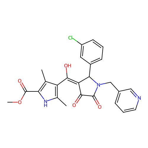 methyl 4-(2-(3-chlorophenyl)-4-hydroxy-5-oxo-1-(pyridin-3-ylmethyl)-2,5-dihydro-1H-pyrrole-3-carbonyl)-3,5-dimethyl-1H-pyrrole-2-carboxylate structure