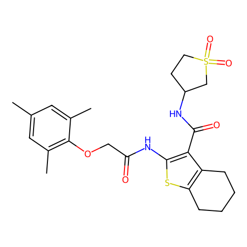 N-(1,1-dioxidotetrahydrothiophen-3-yl)-2-{[(2,4,6-trimethylphenoxy)acetyl]amino}-4,5,6,7-tetrahydro-1-benzothiophene-3-carboxamide structure