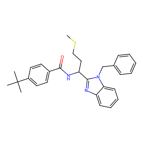 N-(1-(1-benzyl-1H-benzo[d]imidazol-2-yl)-3-(methylthio)propyl)-4-(tert-butyl)benzamide structure